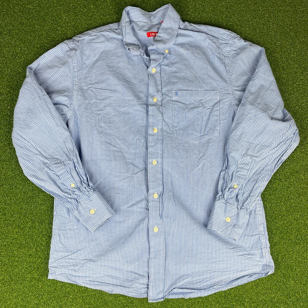 Vintage Izod Mens Blue Pinstriped Long Sleeve Button Down Shirt Sz M